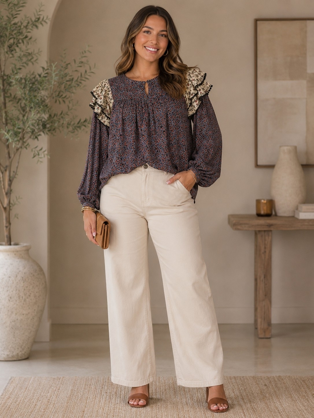 Roller Rabbit Purple Floral Ruffle Shoulder Blouse with Cream Accents
